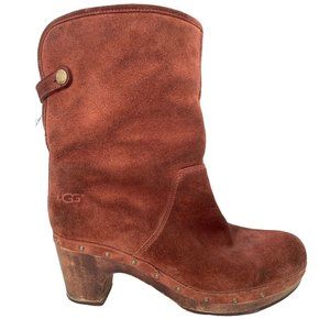 Ugg Lynnea Brown Suede Leather & Shearling Wooden Heel Clog Boots Womens 7 3204